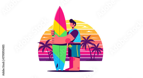 Surfer Ready For Fun Under The Beautiful Sunset Over The Ocean Waves on the Sandy Beach