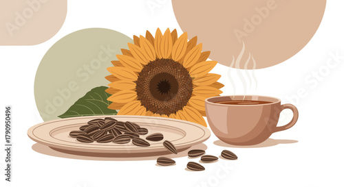 Sunflower Seeds and Warm Beverage Illustration Depicting a Cozy, Rustic Aesthetic