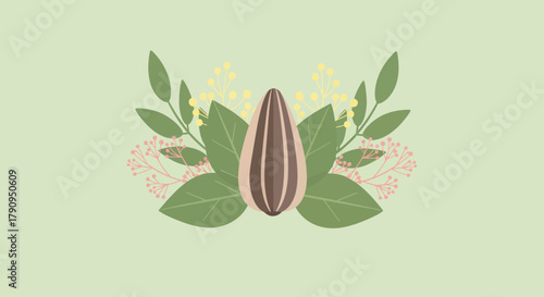Sunflower Seeds Encircled by Beautiful Botanical Foliage on a Soft Green Backdrop