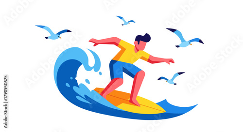 Surfer Riding the Wave with Seagulls Illustration Depicting Active Ocean Lifestyle