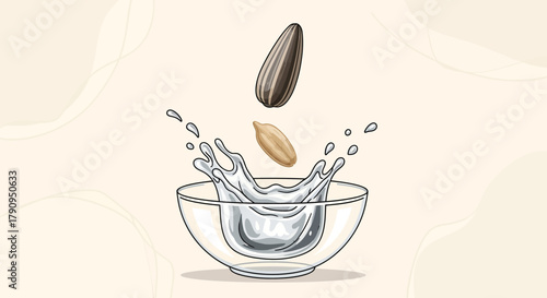 Sunflower Seeds Falling Into Water Creating Artistic Splash For Health Drink Conceptualization