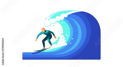 Surfer Riding Giant Wave with Stylized Design on Black Background Illustration