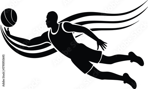 Basketball Dunk Silhouette Vector Logo, Dynamic Slam Action Icon, Flying Athlete Graphic, Black White Swoosh Art