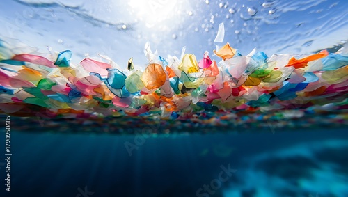 Ocean pollution with plastic trash floating on the water surface problem