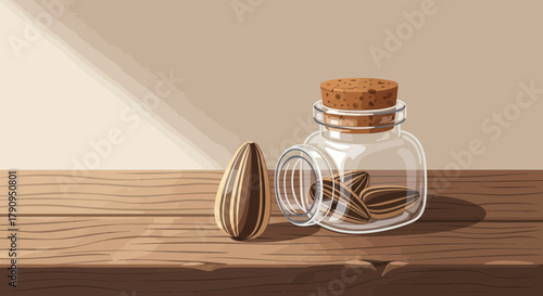 Sunflower Seeds In A Glass Jar On A Wood Table With Detailed Drawing Style