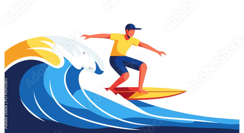 Surfer Riding Wave: Dynamic Illustration Depicting Summer Action and Recreational Pursuit
