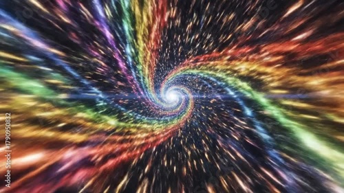 Abstract visualization of high-speed travel through a spiraling rainbow vortex