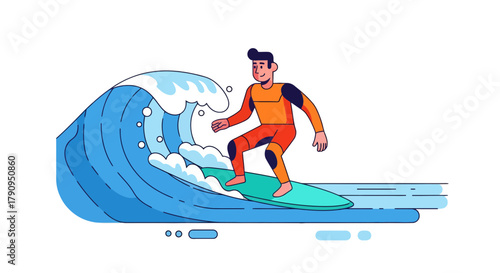Surfer Riding Wave, Vector Illustration on Black Background, Digital Ocean Scene