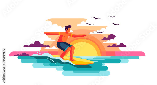 Surfer Riding Wave, Enjoying Sunset on Vivid Colors, Conceptual Style Graphics Design