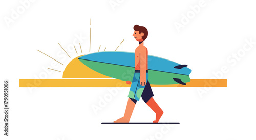 Surfer Walking With Surfboard On Beach At Sunset, A Vector Cartoon Illustration