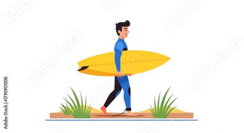 Surfer Walking With Surfboard On Beach, Ready To Ride The Waves In Blue Suit