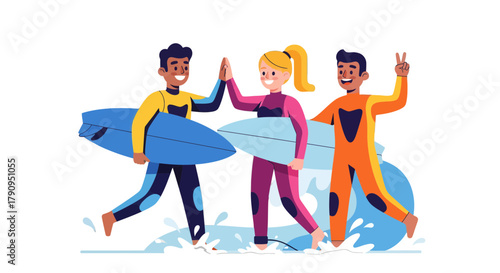 Surfers Celebrating Victory With High Fives and Holding Surfboards Amidst Water
