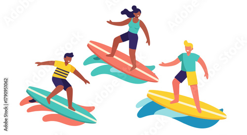 Surfers Enjoying Riding Waves With Colorful Surfboards While Having Fun In The Summer Season