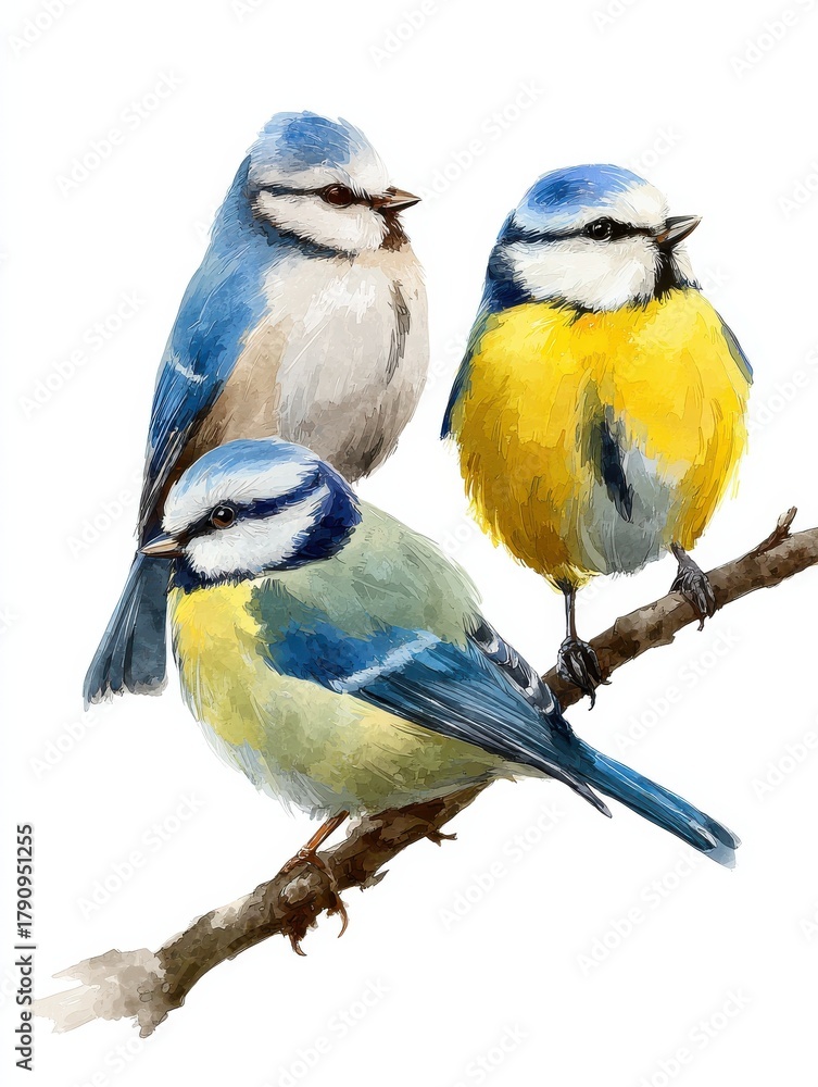 Obraz premium colorful birds isolated cute birds and branch white background bird eurasian blue tit cyanistes caeruleus no logos no brands ar 34