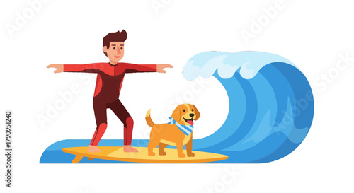 Surfer And Dog Enjoying Waves Together, A Fun And Happy Moment on The Beach