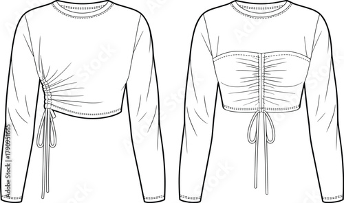 Ruched top fashion design, women long sleeve crop top CAD flat sketch, vector illustration with drawstring detail for apparel designers