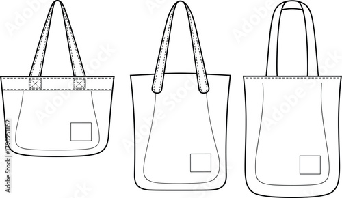 Set of three reusable tote bag front technical fashion flat sketches with handle and pocket sewing construction lines for accessory template