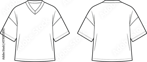 Oversized V neck t shirt front and back view, short sleeve casual top fashion CAD template
