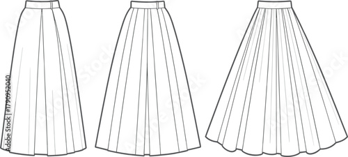 Pleated skirt fashion design, women long skirt CAD flat sketch, vector illustration