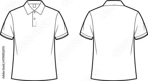 Polo shirt flat sketch front and back view, short sleeve collar t-shirt design, technical fashion cad drawing, vector clothing illustration