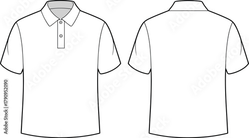 Polo shirt front and back cad drawing, short sleeve knit shirt fashion flat with collar placket and buttons
