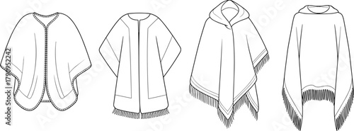 Poncho and cape fashion design, women outerwear CAD flat sketch, vector illustration with fringe details and hooded poncho template