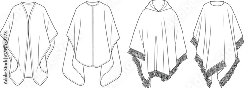 Poncho cape fashion design, women outerwear CAD flat sketch, vector illustration of fringe poncho and cloak template for designers