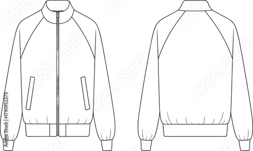 Raglan sleeve bomber jacket flat, full zip front outerwear template with welt pockets