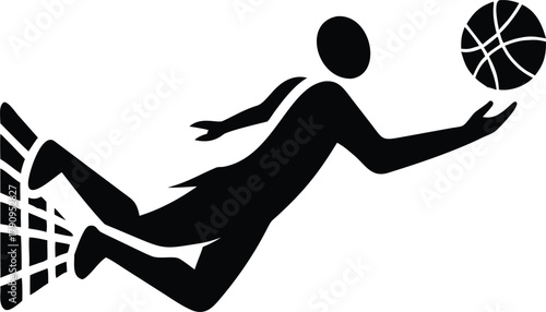 Basketball Player Silhouette Making Slam Dunk – Dynamic Sports Vector Illustration for Athletic, Fitness, and Competitive Design Concepts