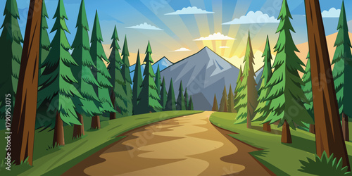 Summer landscape vector illustration with palm trees, sky, road, and green forest mountains under the sun