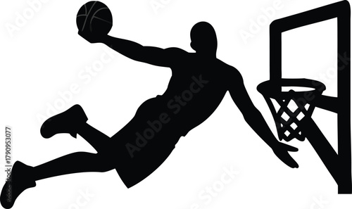 Basketball Player Silhouette Flying Dunk – Dynamic Slam Dunk Vector Illustration for Sports Logo, Poster, and Athletic Design Art