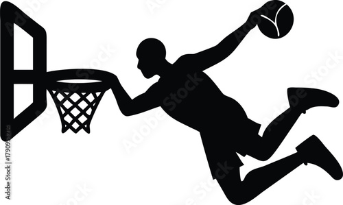 Basketball Player Silhouette Dunking Ball – Powerful Slam Dunk Vector Illustration for Sports Logo, Poster, and Athletic Design Art