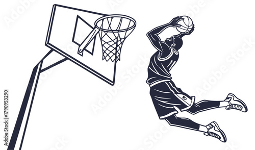 Basketball Player Dunking Vector Illustration – High Jump Slam Dunk Art for Sports Poster, Logo, and Athletic Design Inspiration