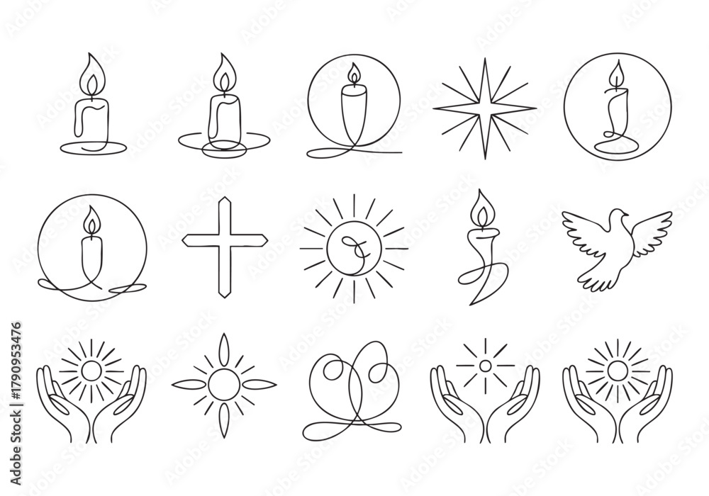 Fototapeta premium Spiritual Light and Faith Line Art Set: Candle, Cross, Dove, and Caring Hands Vector Icons