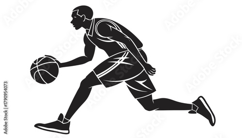 Basketball Player Silhouette Dribbling Vector | Dynamic Sports Artwork | Black and White Athletic Design Illustration