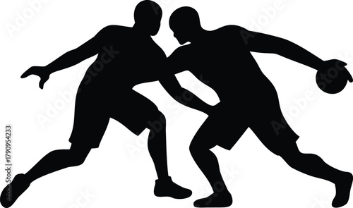 Basketball One-on-One Silhouette Illustration – Offensive Dribble and Defense Pose, Sports Vector Art for Athletic Graphic Design