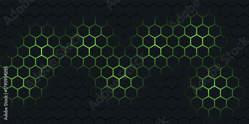 Dark hexagonal technology vector abstract background. Green bright energy flashes under hexagon in futuristic illustration modern technology background. Dark honeycomb texture grid.