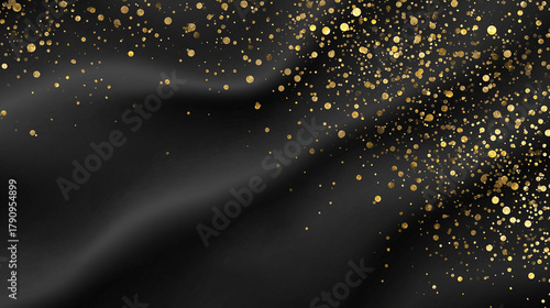 Luxurious black background with glittering gold confetti creating a festive mood.
