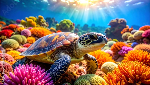 Fototapeta Naklejka Na Ścianę i Meble -  Sea turtle swims among vibrant, colorful coral reef under a radiant sun shining through crystal-clear blue water