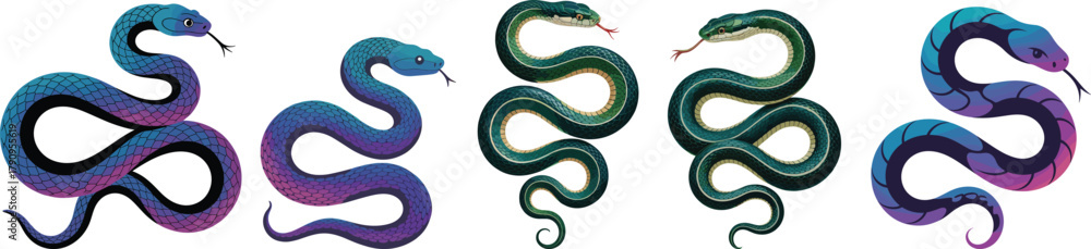 Obraz premium Gradient Blue and Green Snake Vector Set: Slithering Reptile Illustration Collection