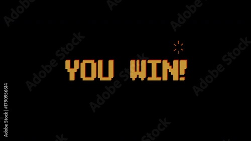 You Win! text animation on 8 bit retro game black background. 4k video. Suitable for your video game content, Vintage Arcade Games or Vintage Arcade Games.