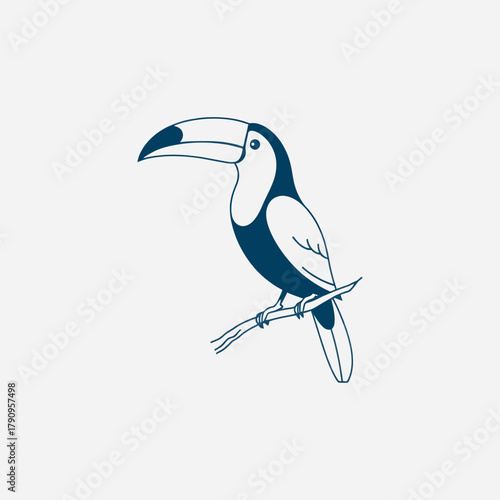 A simple blue line drawing of a toucan perched on a branch