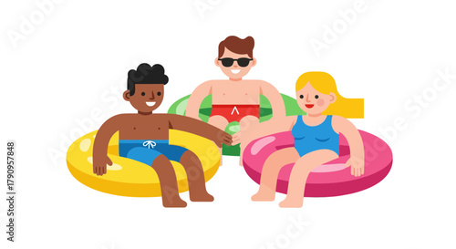 Summer Fun: Friends Enjoying Leisure Time Relaxing on Their Floats in a Pool