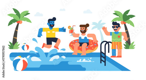 Summer Fun: Friends Enjoying Cocktails and Poolside Relaxation, Illustrative Design