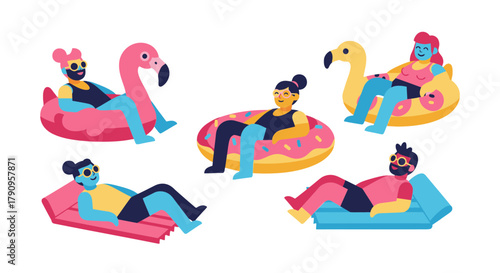 Summer Fun: Friends Enjoying Pool Floats and Lounging on Colorful Summer Days