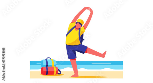 Stretching Before A Trip: Animated Person Warms Up With Travel Bags at Beach
