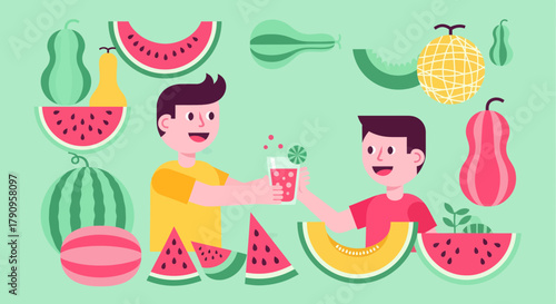 Summer Harmony: Youthful Friendship Cheers With Juicy Refreshment And Refreshing Fruits