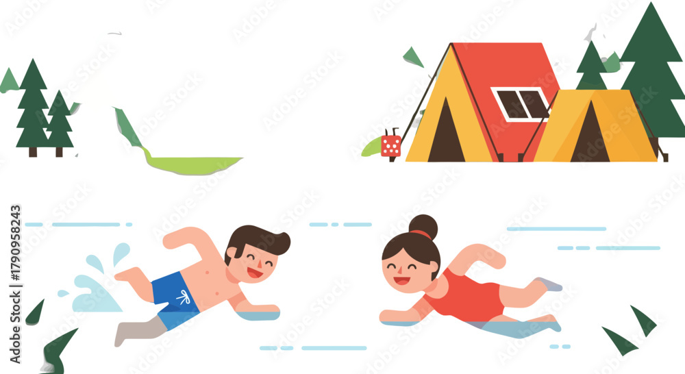 Obraz premium Summer Recreation and Camping With People Joyfully Swimming in Nature Under The Sky