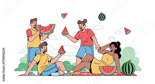 Summer Picnic Shared With Friends, Eating Watermelon, Relaxing in Sunny Outdoor Day