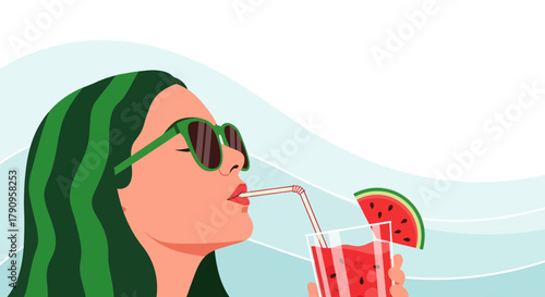 Summer Refreshment: Woman Savoring Watermelon Juice, Sun, And Stylish Sunglasses